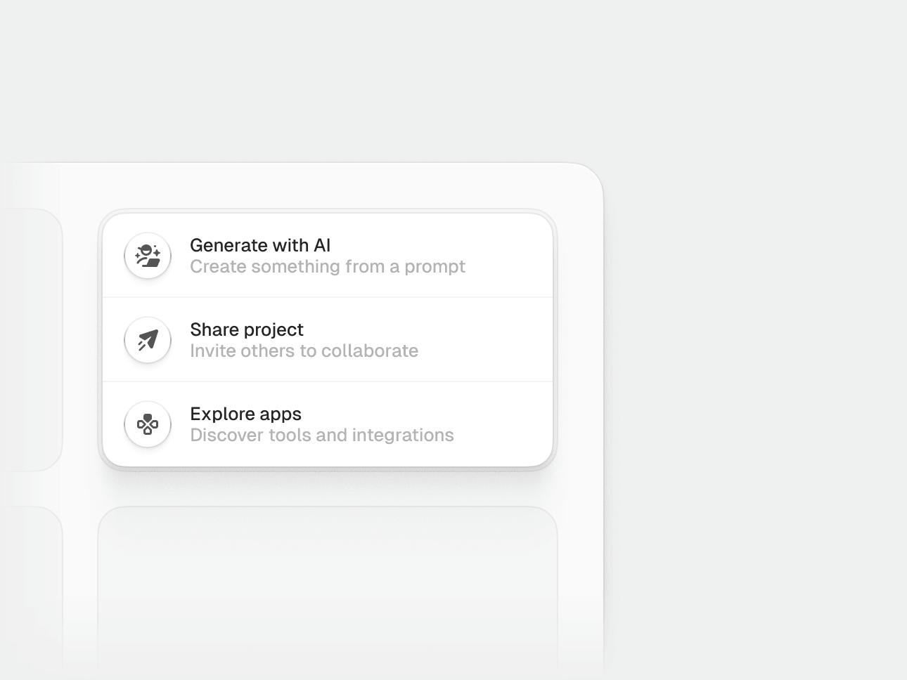 A menu using Nucleo icons: Generate with AI, Share project, and Explore apps