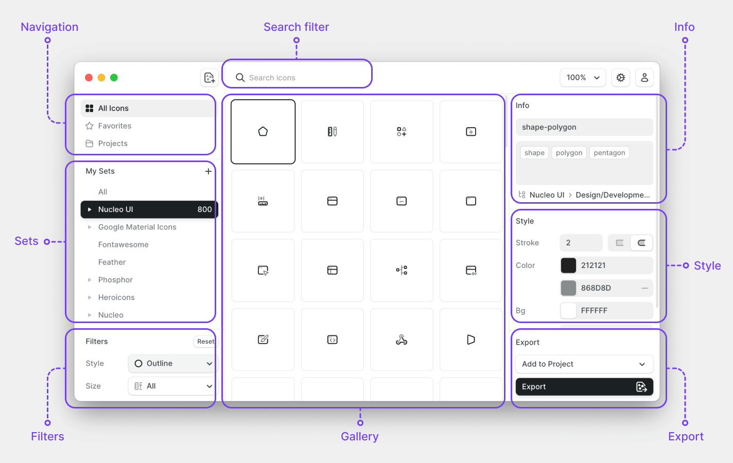 An overview of the Nucleo app interface