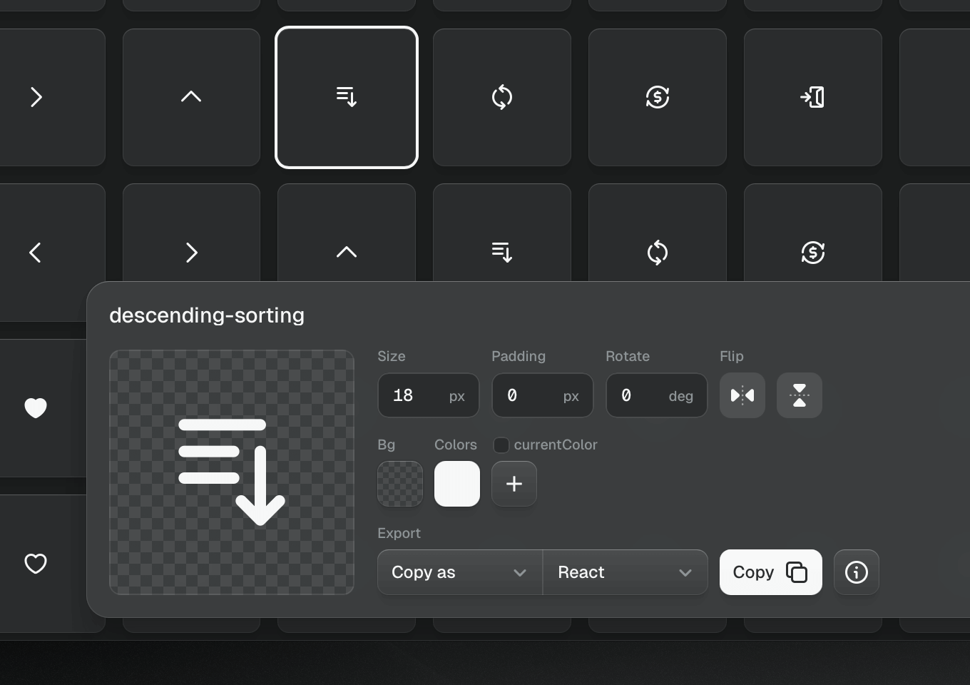A preview of the copy icon menu